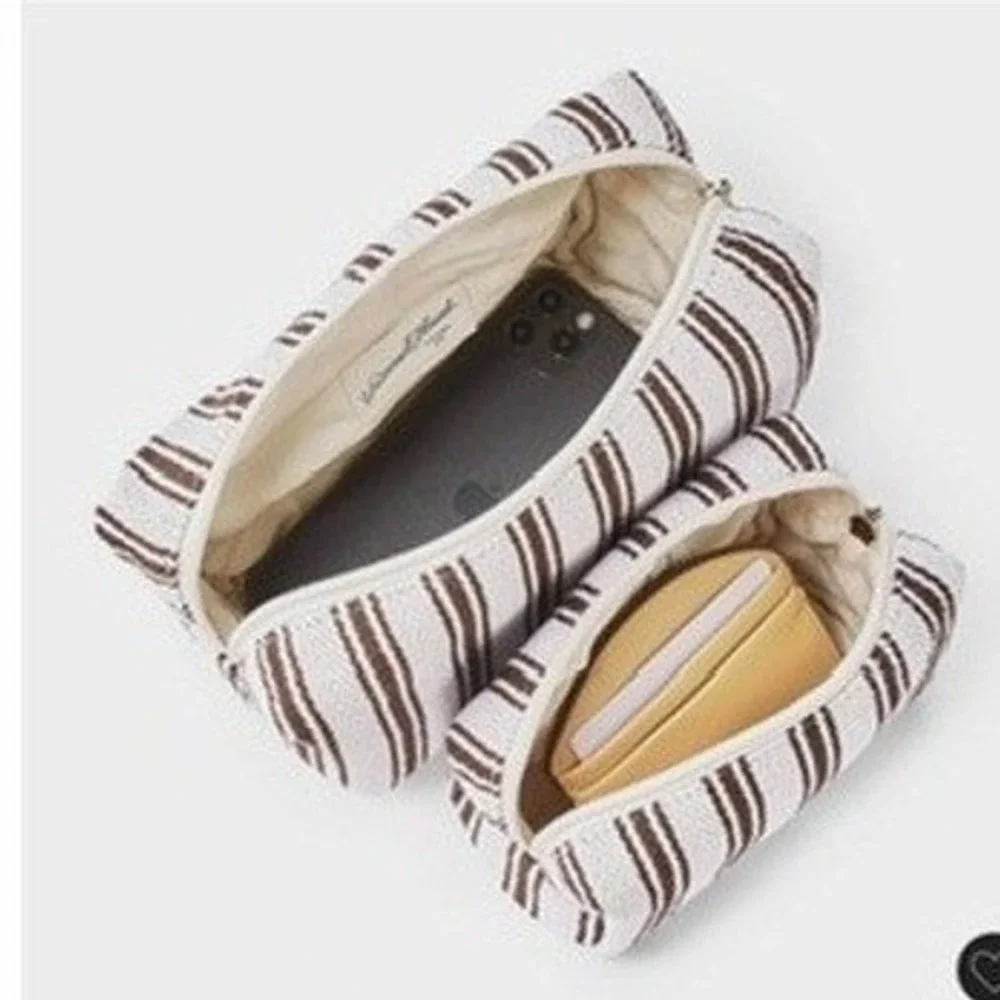 Universal Thread Cosmetic Pouch Set Women OS Brown Striped Linen 2pc NWT